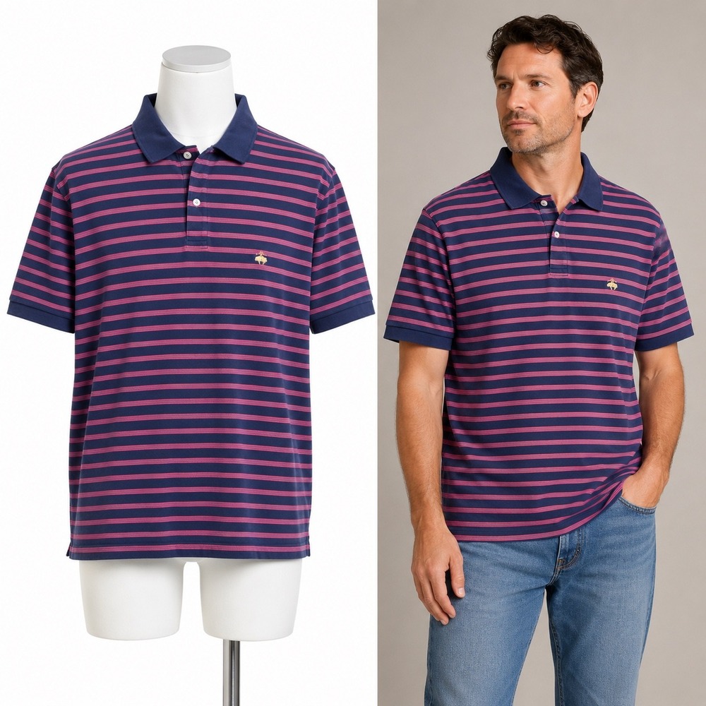Brooks Brothers Polo Shirt Mens XXL Navy Pink Stripe Cotton Golden Fleece Logo